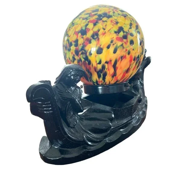 Antique Art NOVEAU Deco Lamp End of Day Glass Shade & Black Iron Base TESTED - Picture 2 of 10